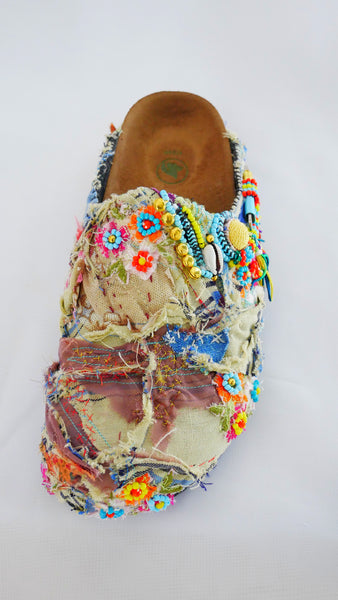 Custom Made Multi-Beaded-Embellished Patchwork Birkenstock Amsterdam Narrow Fit Clogs
