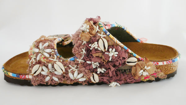 Custom Made Multi-Beaded Embellished Upcycled Flower Birkenstock Arizona Narrow Fit Double Strap Sandals