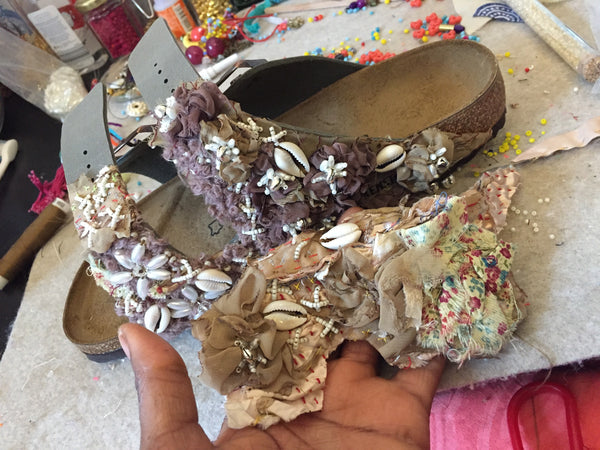 Custom Made Multi-Beaded Embellished Upcycled Flower Birkenstock Arizona Narrow Fit Double Strap Sandals