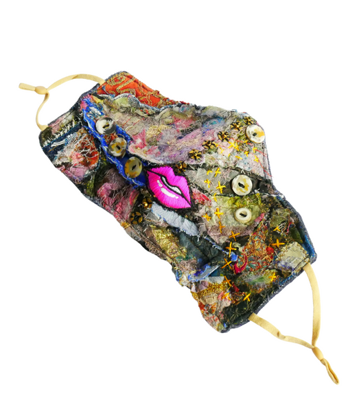 Don't Stare Remain Curious Reusable Washable Embroidered Patchwork Face Mask with Pink Lips