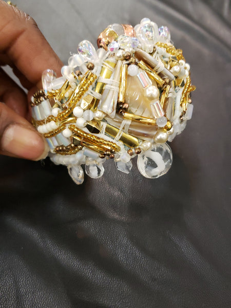 Ebube Mother of Pearl and Shell Beaded and Brass White and Gold Embellished Cuff Bracelet
