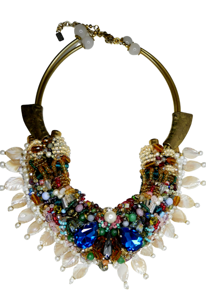 Ekene Multi-Beaded Swarovski Crystal And Gemstone- Embellished Drop Necklace with Mother of Pearls-Anita Quansah London