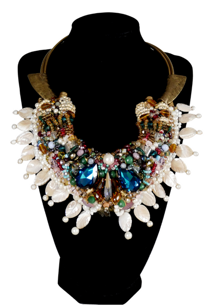 Ekene Multi-Beaded Swarovski Crystal And Gemstone- Embellished Drop Necklace with Mother of Pearls-Anita Quansah London