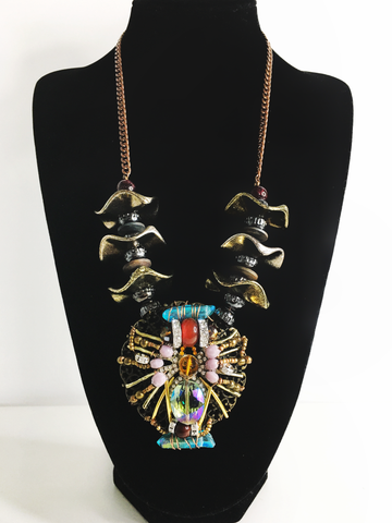 Elhum Long Multi-Beaded Necklace With Large Circular Embellished Pendant