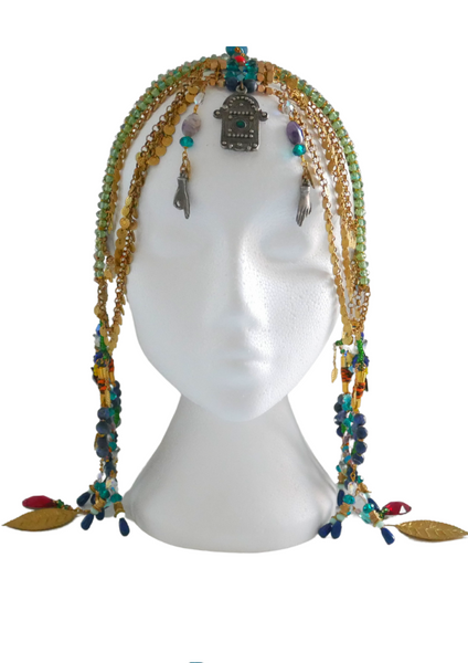 Emotan Multi-Beaded Swarovski Crystal and Gemstone Embellished Fringe Headpiece