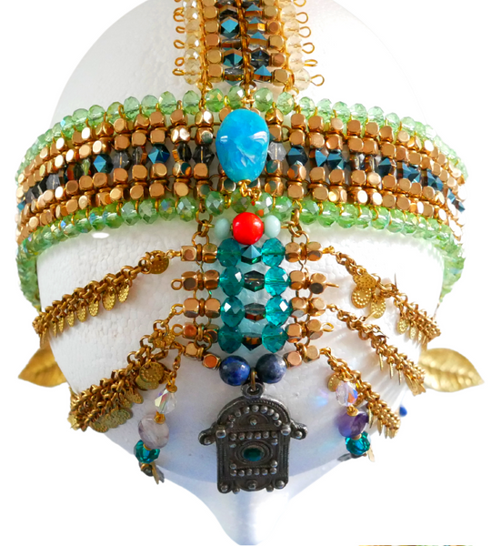 Emotan  Multi-Beaded Swarovski Crystal and Gemstone Embellished Fringe Headpiece 
