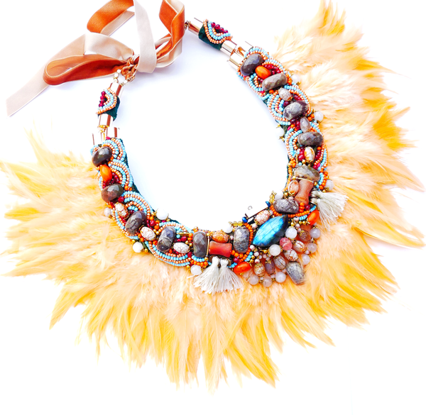Eydis Multi-Beaded Jasper Labradorite and Agate Embellished Feather Collar Necklace