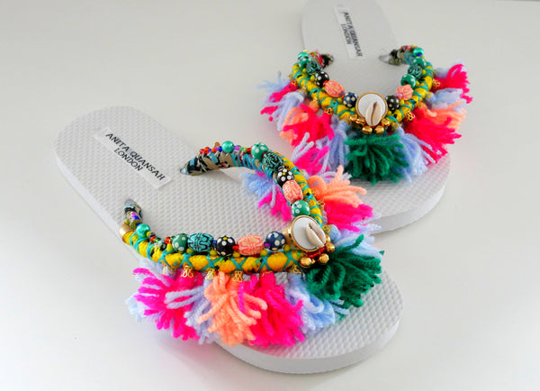 Embellished beaded tassel flip-flops 
