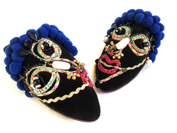 Gia Chatting Ladies Embellished Beaded and Pom-pom Leather and Suede Slippers