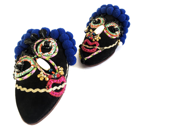 Gia Chatting Ladies Embellished Beaded and Pom-pom Leather and Suede Slippers