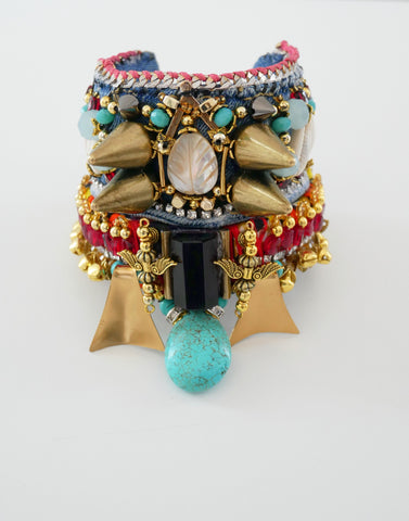 IIaria Multi- Beaded, Mother of Pearl, Turquoise, Amethyst, Denim Wide Cuff Bracelet by Anita Quansah London 