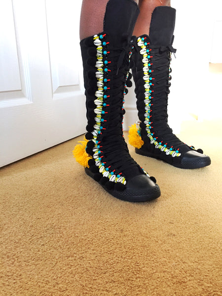 Rahele Beaded Shell Tassel And Pom-Pom Trimmed Canvas Knee Boots 