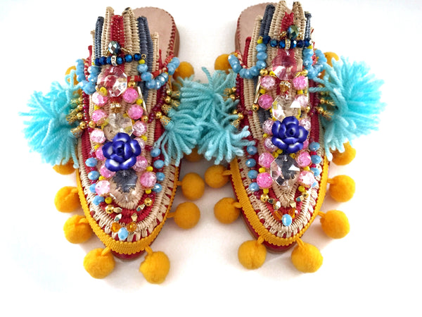 Saskia Embellished Tassel Pom-Pom Leather And Raffia Slippers Anita Quansah London
