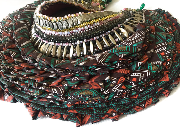 Sachi Bead-Embellished African Textile Print Ruffle Neckpiece