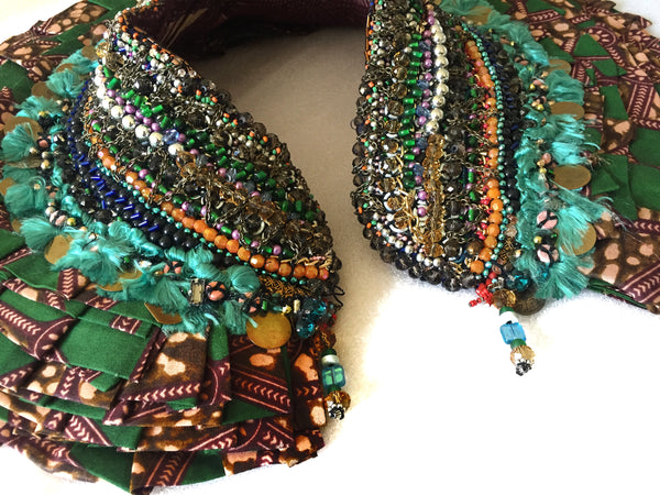 Tatum Bead-Embellished African Textile Print Ruffle Beaded Neckpiece