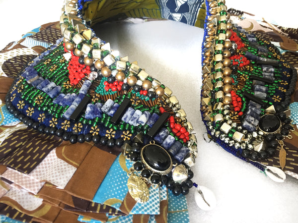 Lasya Bead-Embellished African Textile Print Ruffle Beaded Neckpiece