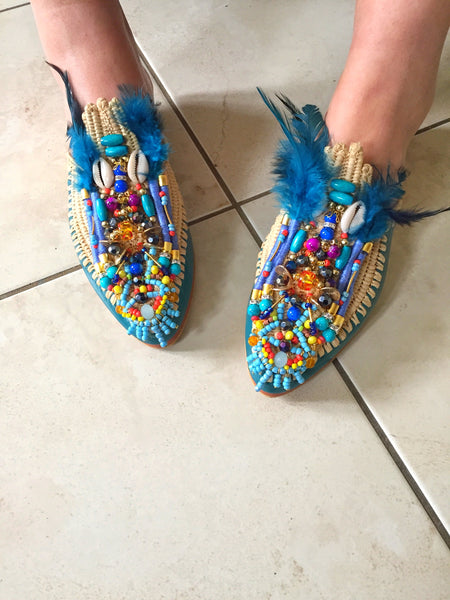 Adelle Beaded Leather And Raffia Feather Slippers By Anita Quansah London