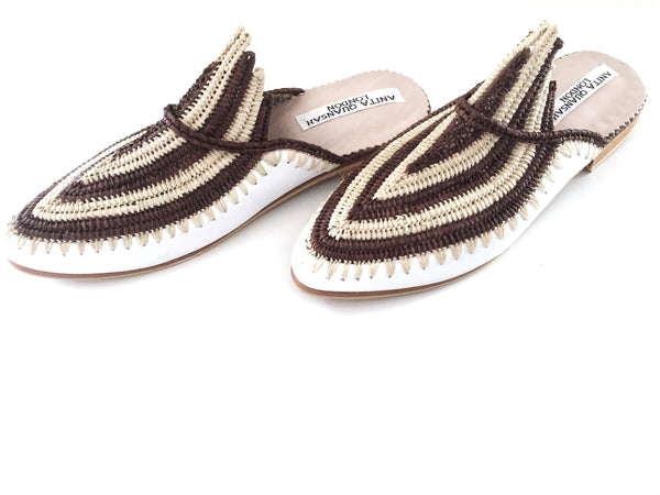 Akila White Leather with Brown and Natural Coloured Raffia Slippers