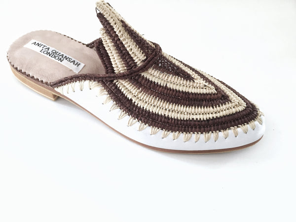 Akila White Leather with Brown and Natural Coloured Raffia Slippers