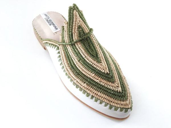 Akila White Leather with Green And Neutral Raffia Slippers