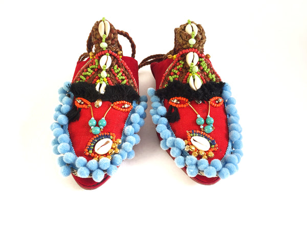 Carlita Embellished Red Shell Suede Pom-Pom Sandals By Anita Quansah London