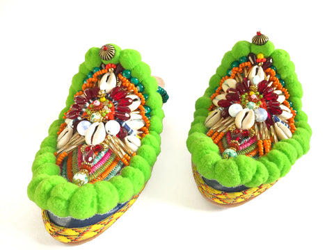 Bette Leather And Raffia Embellished Pom-Pom Slippers By Anita Quansah London