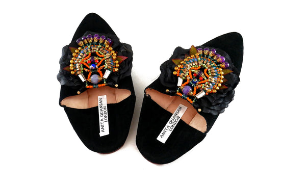 Yazmin Embellished Silk Petal Suede Slippers By Anita Quansah London