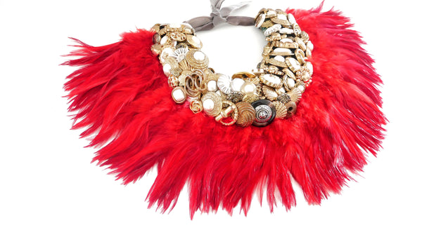 Serena Embellished Vintage Gold Button With Red Feather Collar Necklace Anita Quansah London
