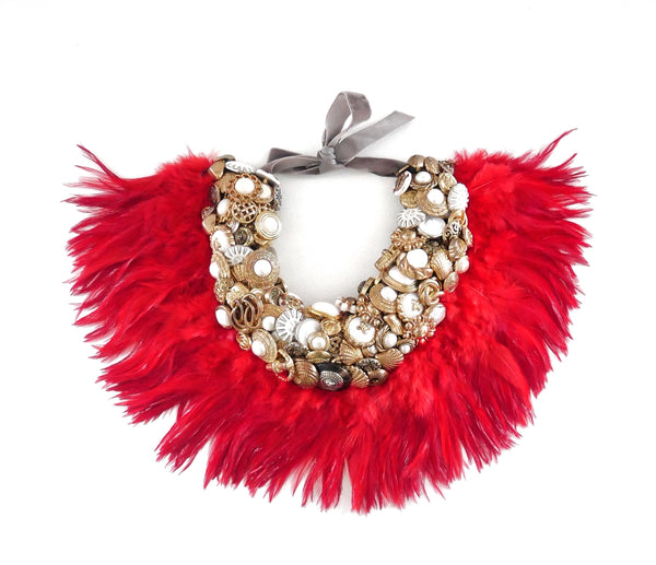 Serena Embellished Vintage Gold Button With Red Feather Collar Necklace Anita Quansah London