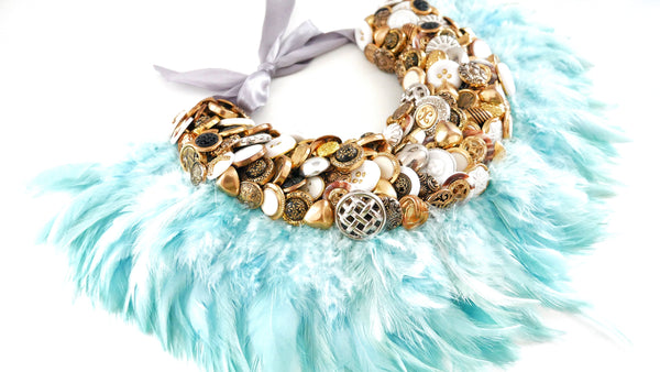 Serena Embellished Vintage Gold Button And Blue Feather Collar Necklace Anita Quansah London