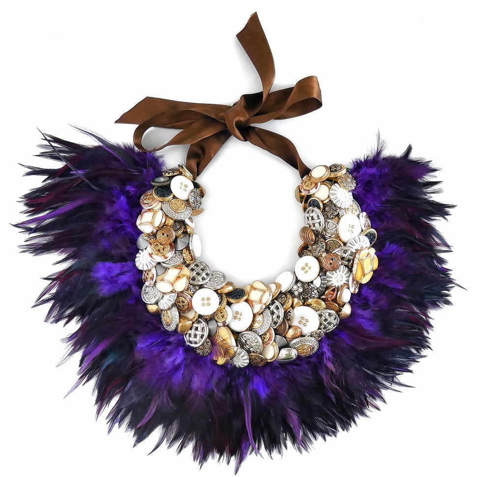 Serena Embellished Button And Purple Feather Collar