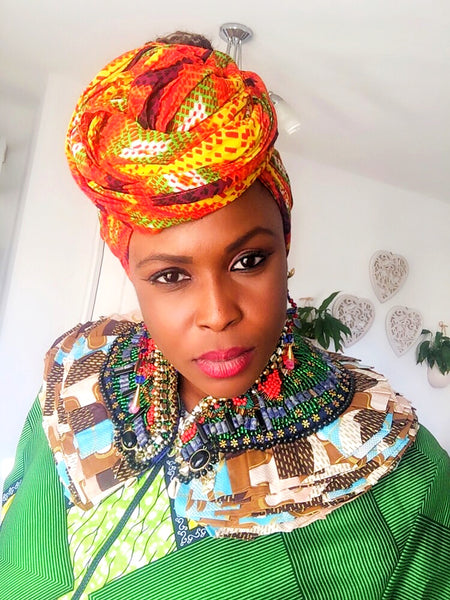 Lasya Bead-Embellished African Textile Print Ruffle Beaded Neckpiece