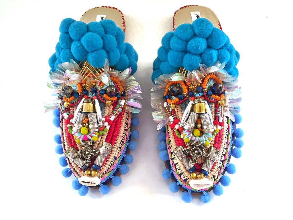 Oden  Embellished Pom-Pom Raffia Slippers By Anita Quansah London