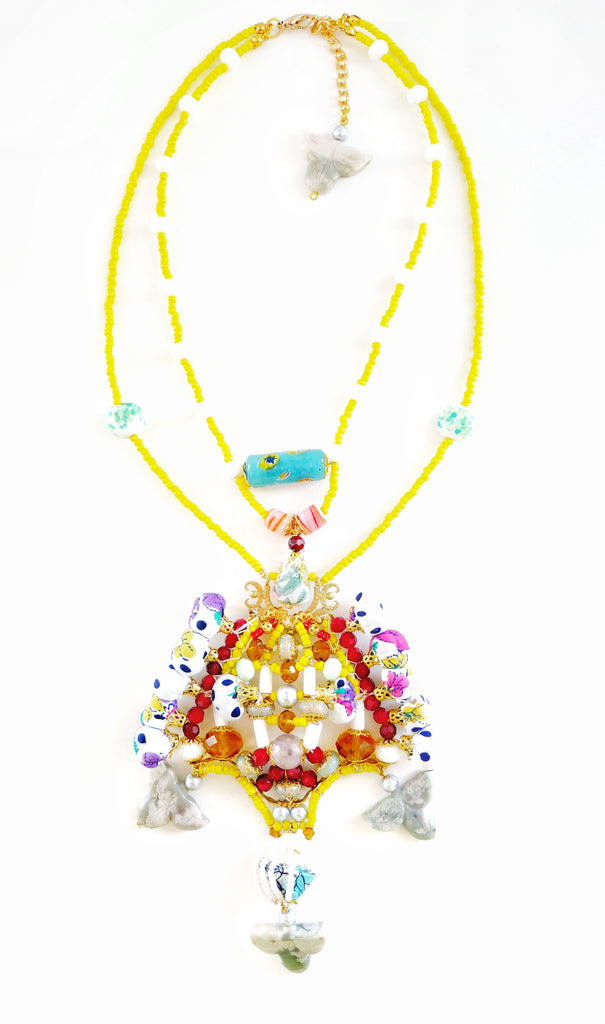 Lenore Embellished Beaded Double Layer Gemstone and Bauble Drop Necklace