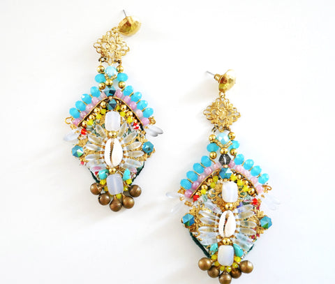 Selena Embellished Crystal and Shell Drop Earrings Anita Quansah London London Jewellery Designer