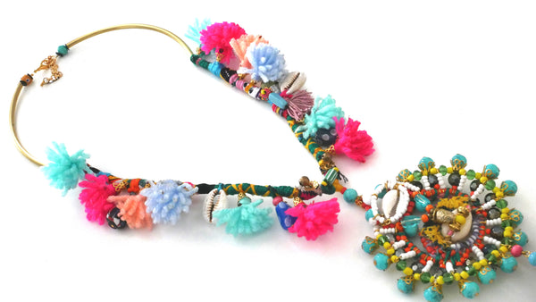 Belva Bird Beaded Embellished tasselled Pendant Necklace
