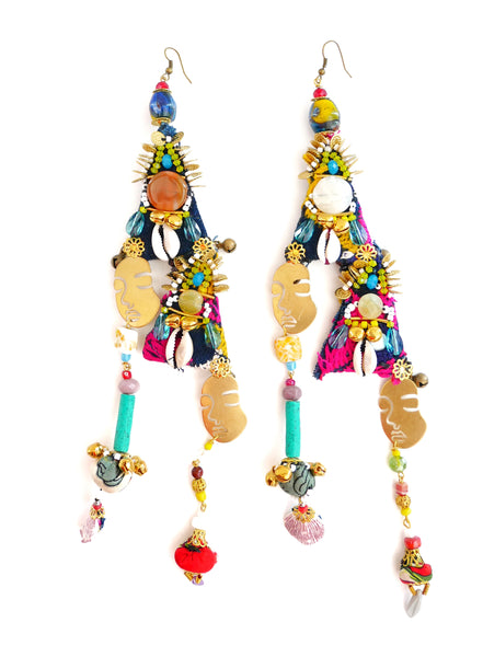 Bonita Multi-Beaded Embellished Brass Face Earrings Anita Quansah London
