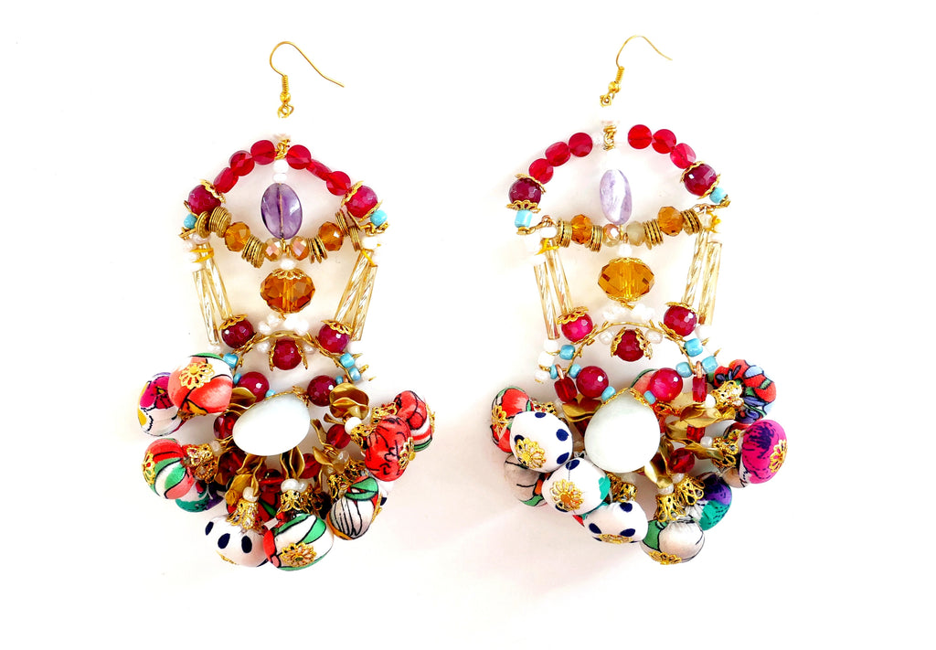 Kalila Swarovski Crystal, Brass-Plated Pom-Pom Earrings -African Jewellery-Tribal Jewellery- UK Jewellery Designer-Anita Quansah London-swarovski Jewellery-Swarovski Chandelier earrings-Beaded Drop earrings-Textile earrings-pom-pom earrings