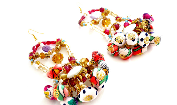 Kalila Swarovski Crystal, Brass-Plated Pom-Pom Earrings -African Jewellery-Tribal Jewellery- UK Jewellery Designer-Anita Quansah London-swarovski Jewellery-Swarovski Chandelier earrings-Beaded Drop earrings-Textile earrings-pom-pom earrings