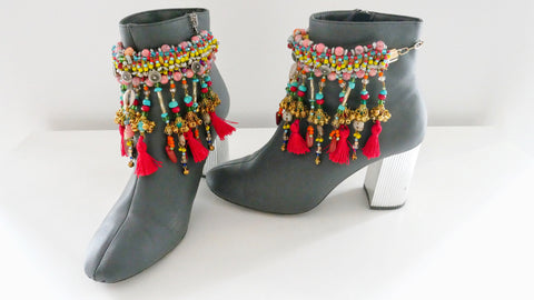 Inaya Multi-Beaded Embellished Charm And Tassel Anklets