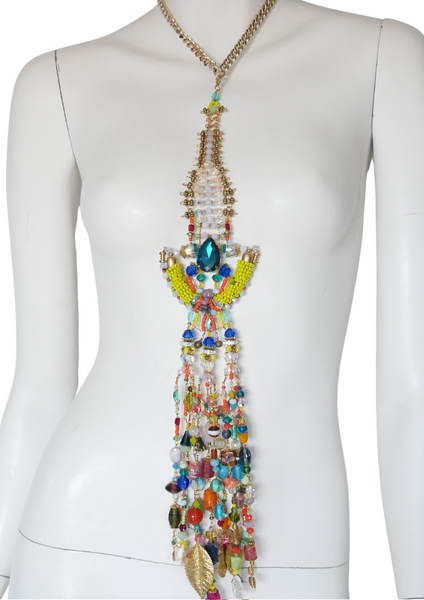 Idia  Colourful Multi-Beaded Swarovski Crystal and Gemstone Embellished Fringe Headpiece with Detachable Pendants