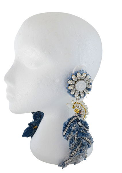 Ihedimma Beaded Crystal-Embellished Denim Bird Earrings