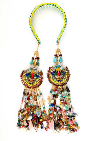Irene Colourful Multi-Beaded Swarovski Crystal and Gemstone Embellished Fringe Pendant  Headpiece and Neckpiece