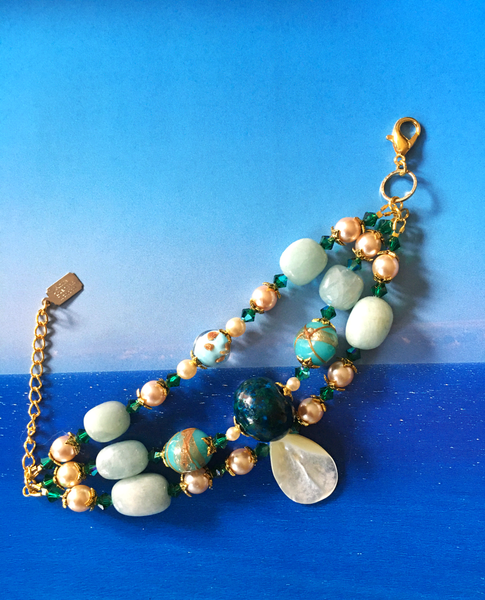 Juniper Mother of Pearl, Chrysocolla and Aquamarine Beaded Bracelet