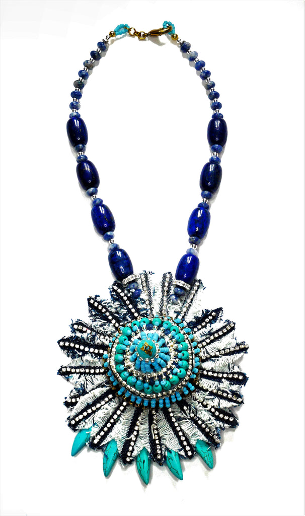 Junko Turquoise and Lapis lazuli Denim and Rhinestone-Embellished Pendant Necklace
