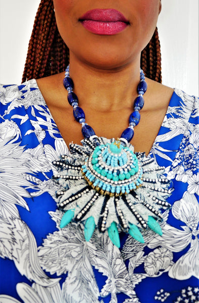 Junko Turquoise and Lapis lazuli Denim and Rhinestone-Embellished Pendant Necklace
