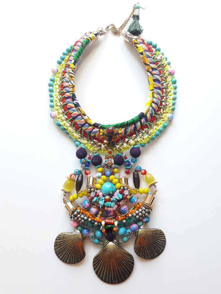 Khalo Multi Stone Brass Shell Pendant Drop Necklace