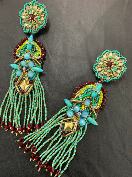 Kambili Beaded Embellished Blue Turquoise and Chalcedony and Red Crystal Fringe Drop Earrings