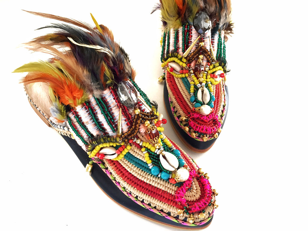 Luna beaded embellished raffia feathers slippers for women