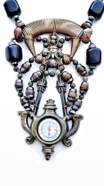 Limbani Antiqued Brass Thermometer Tapered Metal Coiled Necklace with Ocean Jasper, Labradorite and Ebony Barrel Wood